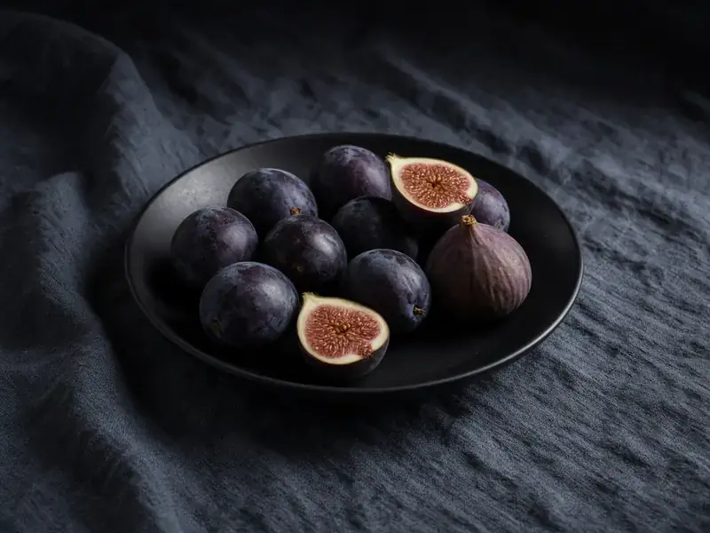 Dark plums and halved figs in a black bowl on blue-grey linen