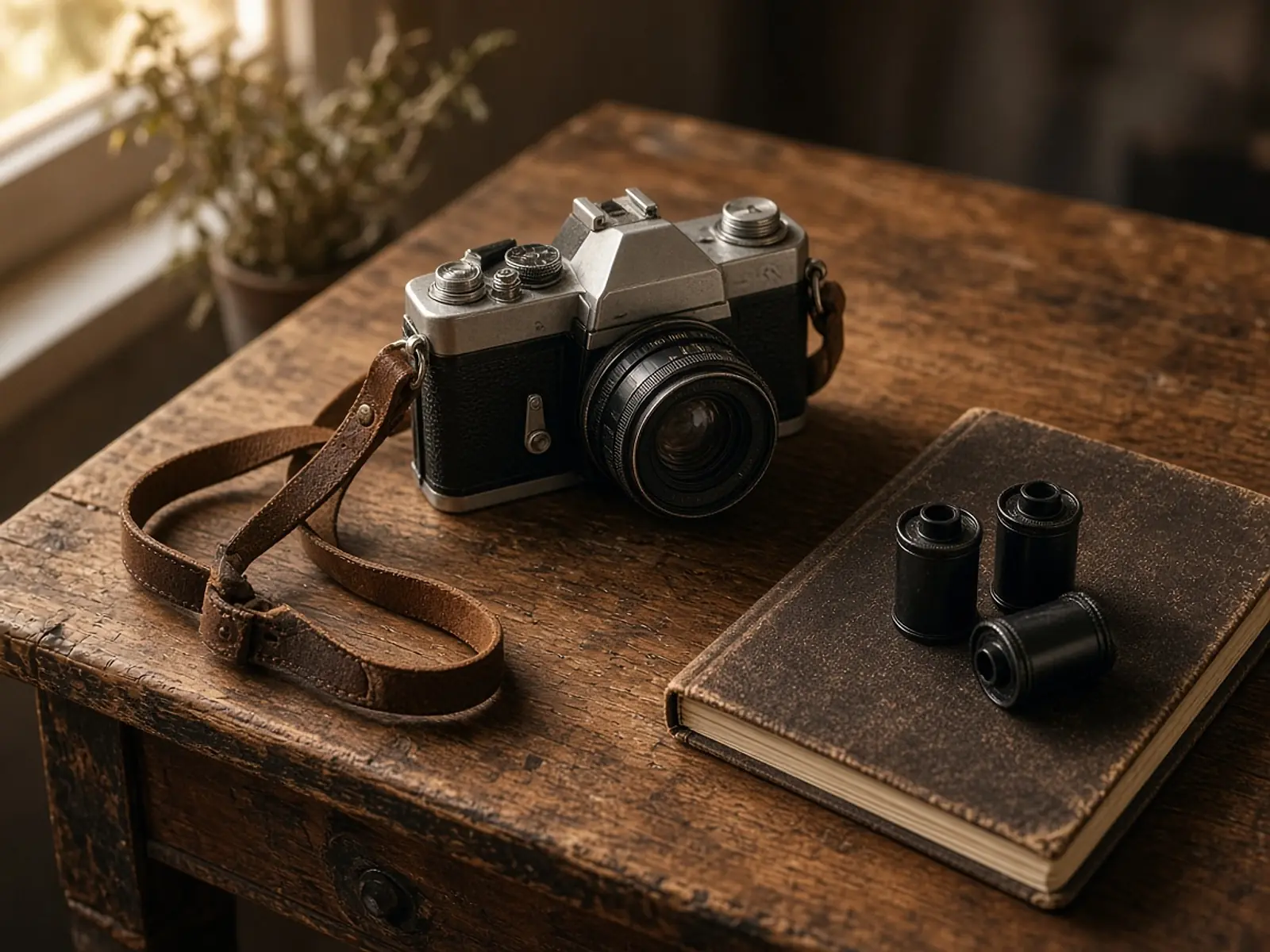 A film camera with a leather strap beside a notebook and film rolls on a wooden desk