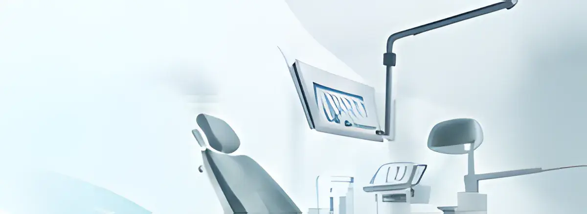 Bright, modern treatment room with a dental chair and monitor