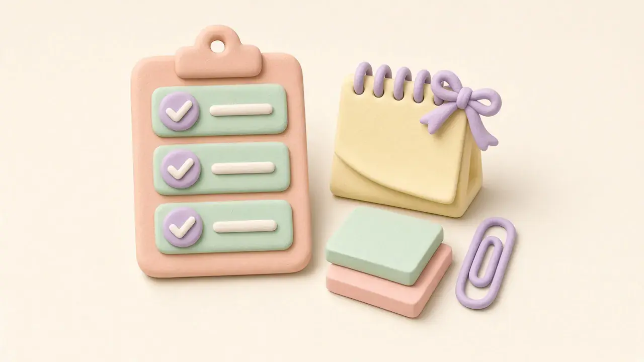 Illustrated clipboard checklist, calendar and sticky notes