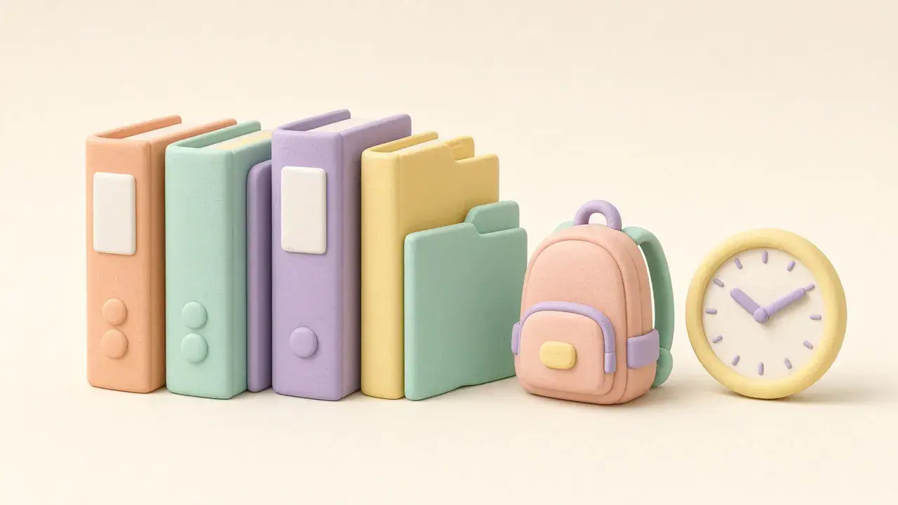 Illustrated binders, backpack and clock
