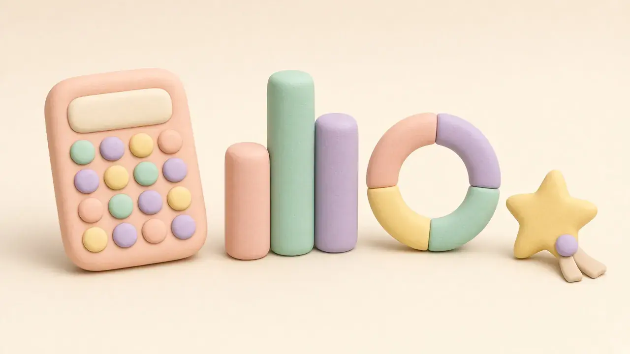 Illustrated calculator, bar chart and star