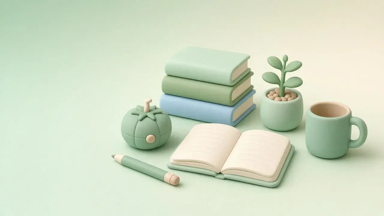 Illustrated study desk with books, a plant, a tomato timer and a mug