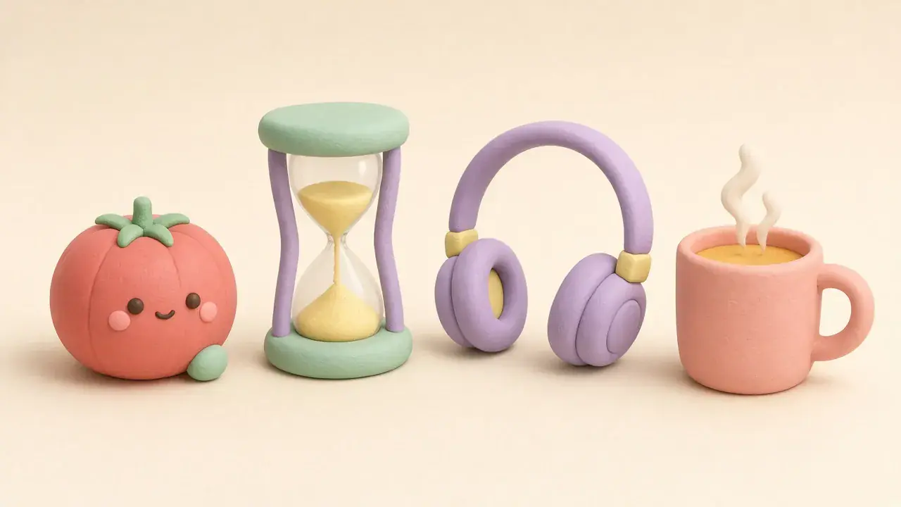Illustrated tomato timer, hourglass, headphones and coffee