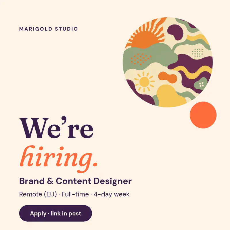 Hiring post: LinkedIn post template sample for the fictional Marigold Studio