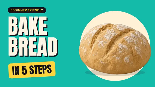 A clay loaf of bread on a teal background with the words Bake bread in 5 steps
