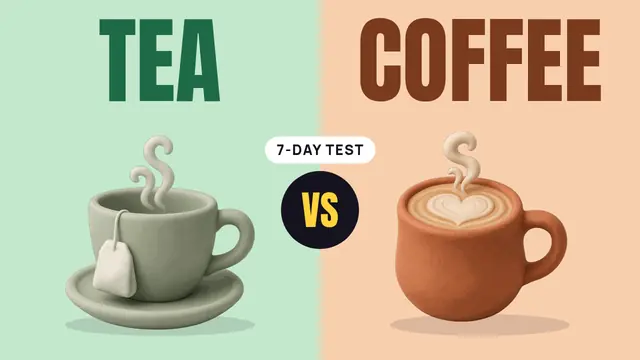 A green teacup and a terracotta latte mug on two coloured halves with TEA and COFFEE titles