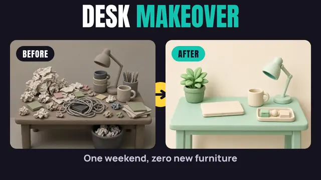 A messy desk and a tidy desk side by side, labelled before and after