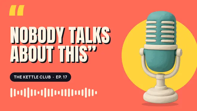 A big quote in cream type on coral next to a clay microphone
