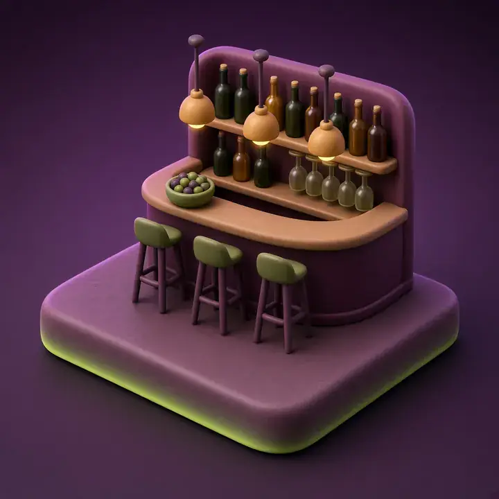 Glossy 3D illustration of a wine bar counter with stools and shelves of unlabeled bottles