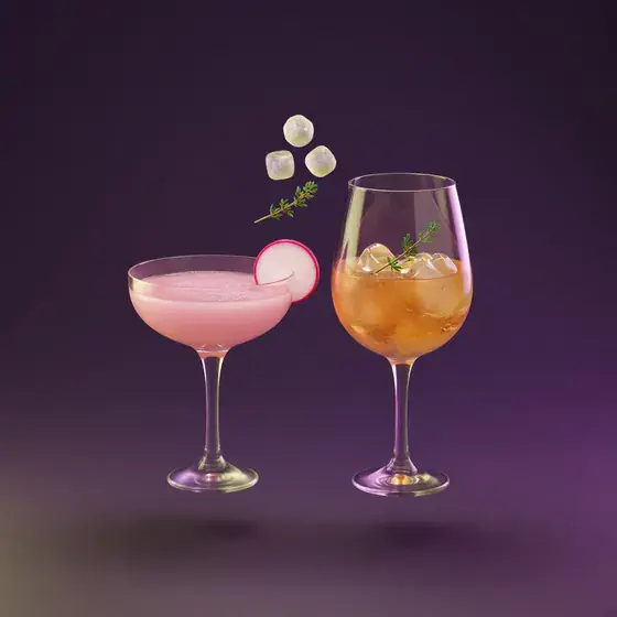Glossy 3D illustration of a pink cocktail in a coupe beside a glass of orange wine