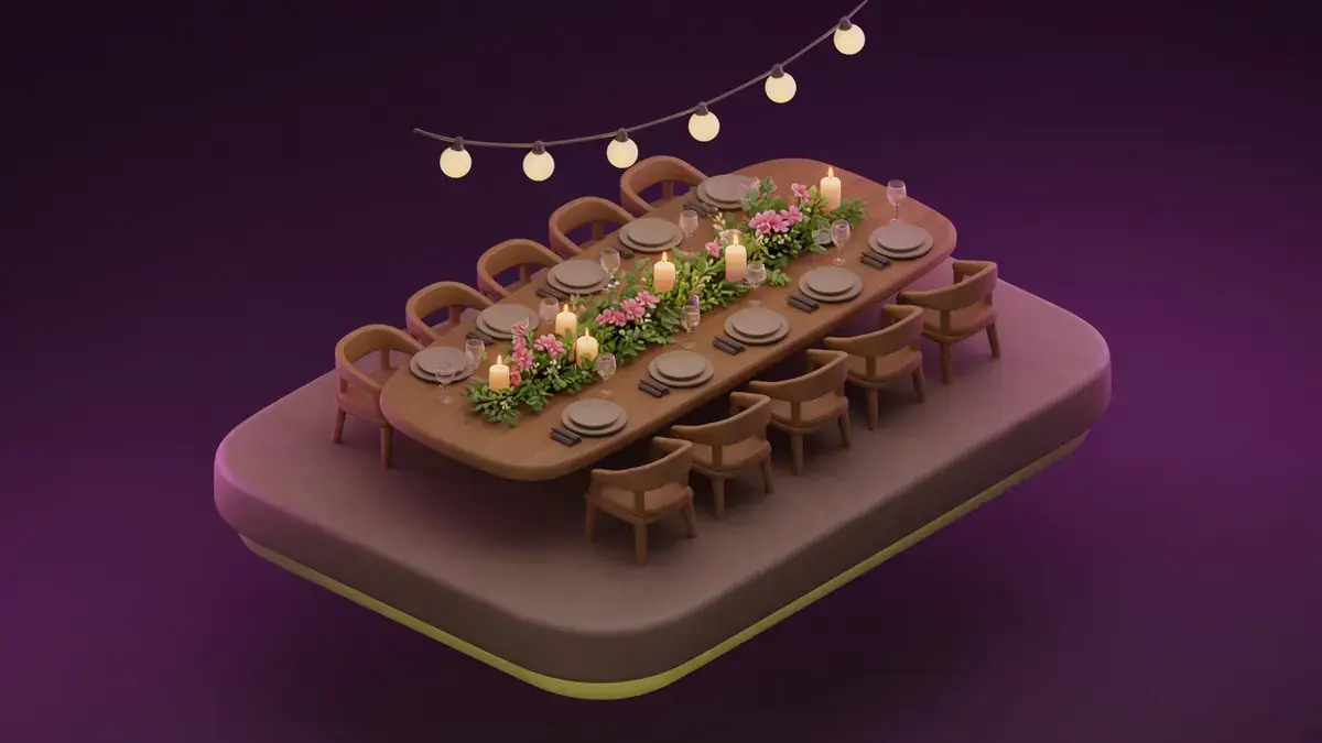 Glossy 3D illustration of a long candlelit table set for twelve guests with flowers and wine glasses