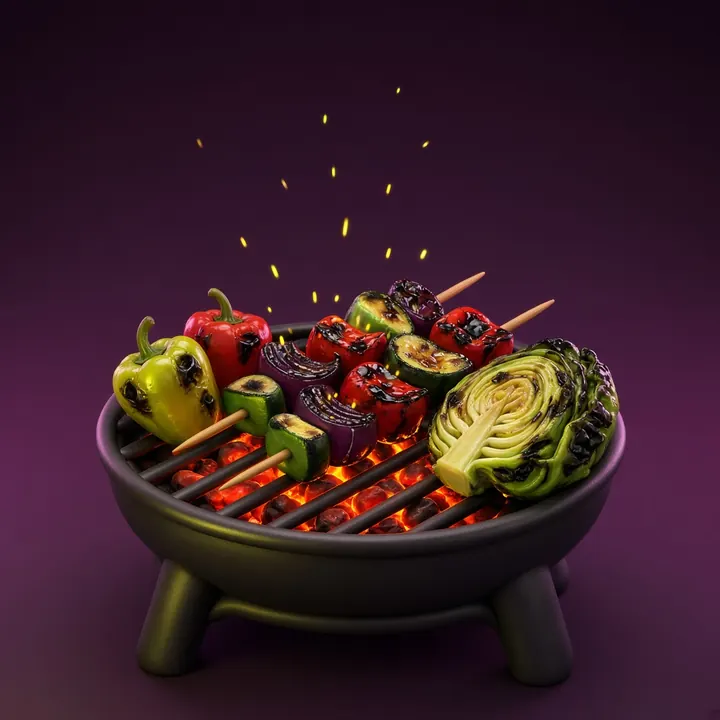 Glossy 3D illustration of vegetables cooking on a wood-fired grill with glowing embers