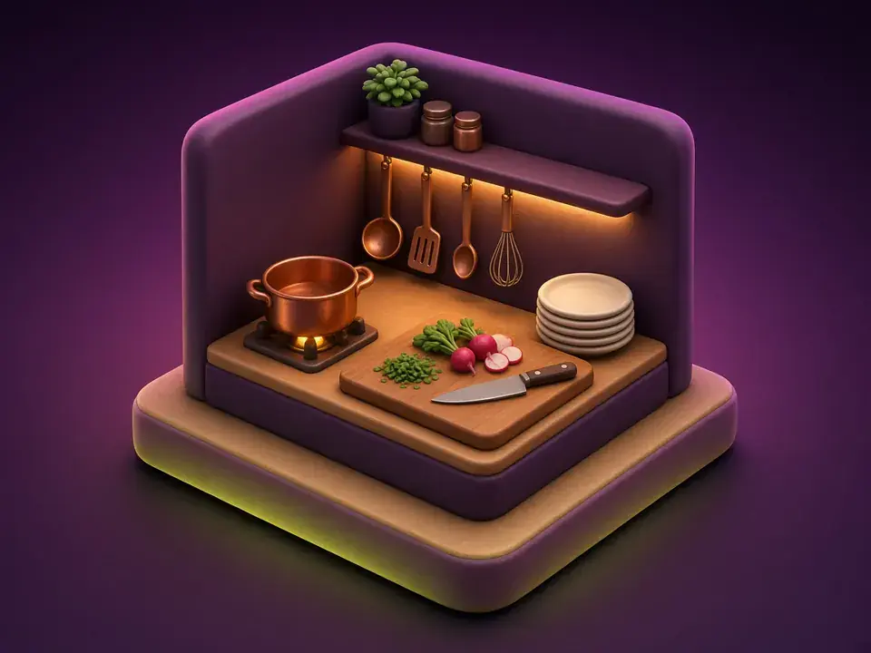 Glossy 3D isometric illustration of an open restaurant kitchen pass with copper pans and a wood-fired grill