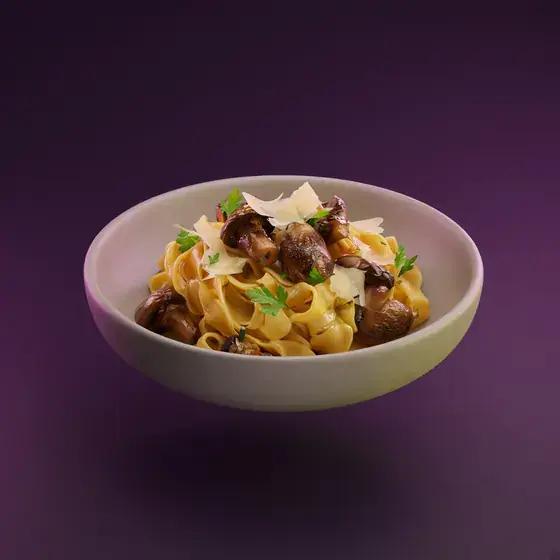 Glossy 3D illustration of ribbon pasta with roasted mushrooms and herbs