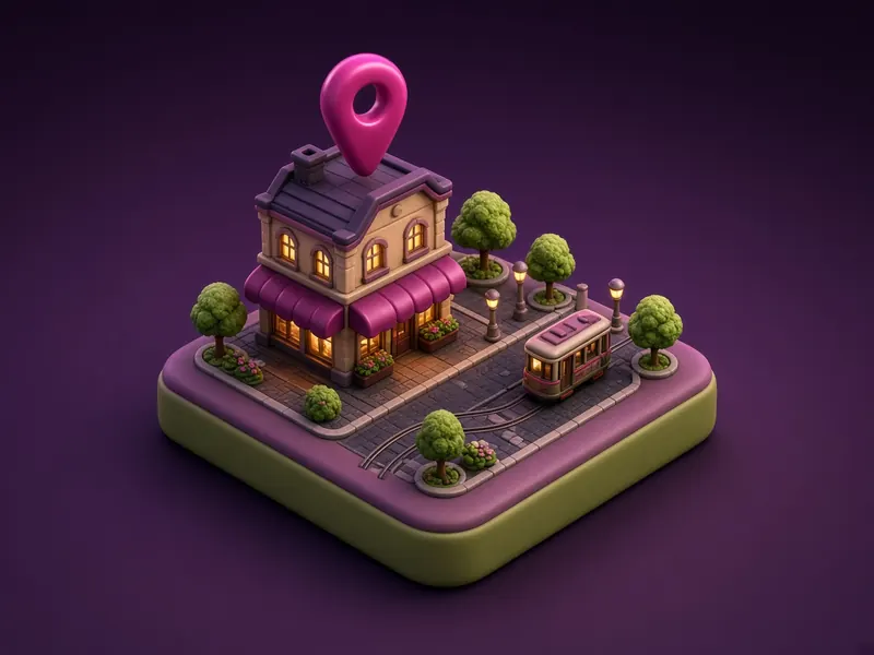 Glossy 3D isometric illustration of a city block with a tram and a magenta map pin marking the restaurant