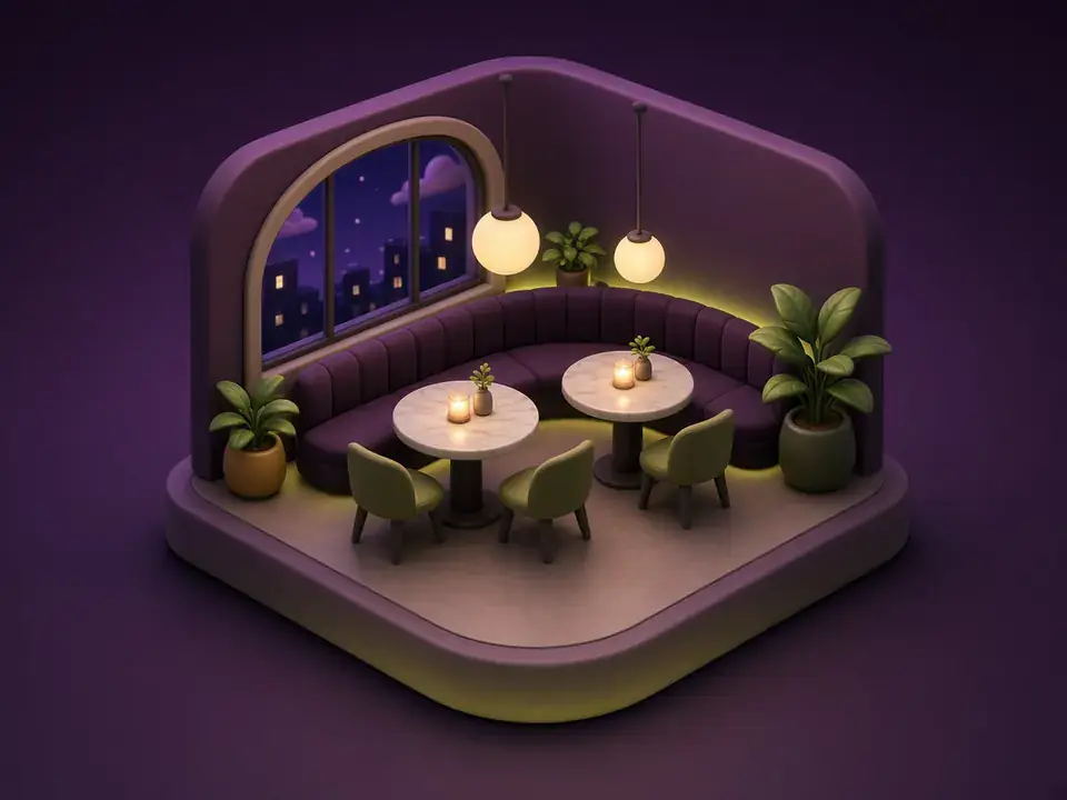 Glossy 3D illustration of the dining room with a velvet banquette, round tables and warm pendant lamps
