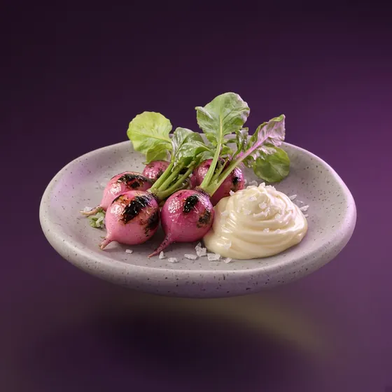 Glossy 3D illustration of charred radishes with whipped butter and flaky salt
