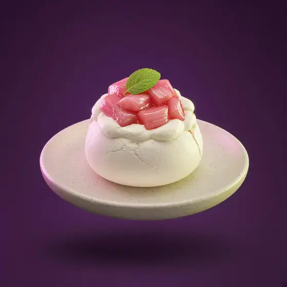 Glossy 3D illustration of a rhubarb pavlova with pink rhubarb ribbons
