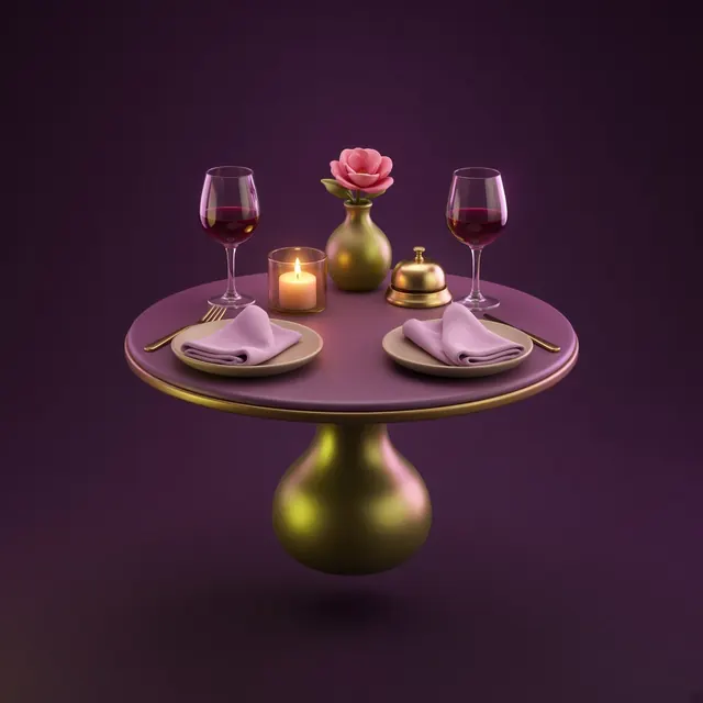 Glossy 3D illustration of a table for two with a candle, two wine glasses and a small brass bell