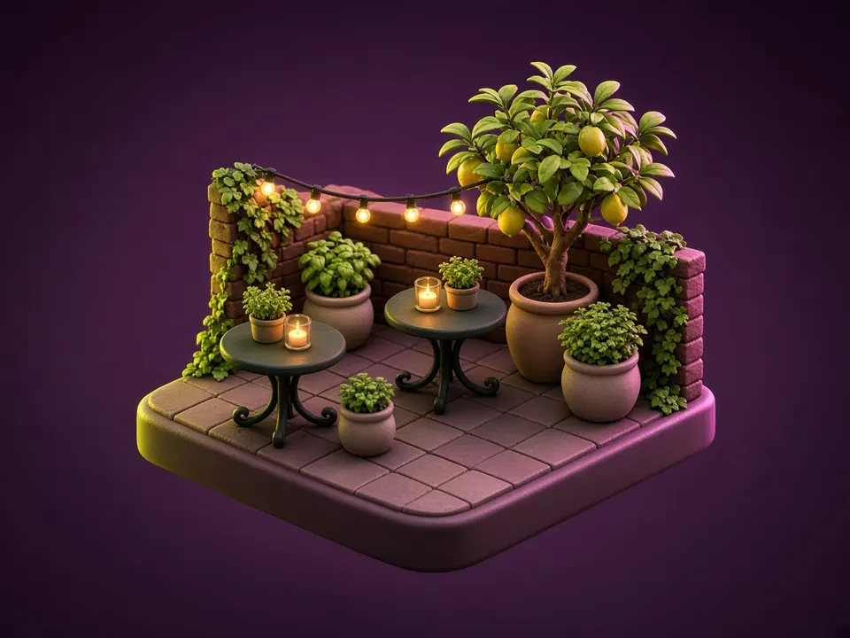 Glossy 3D illustration of a small terrace with bistro tables, string lights and a potted lemon tree